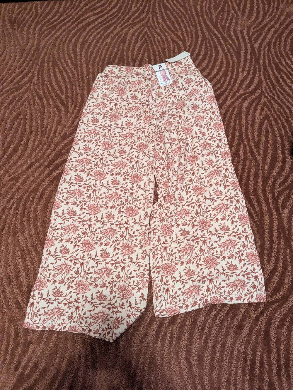 Indian Floral Wide-Leg Palazzo Pants  in Cream and Dusty Rose